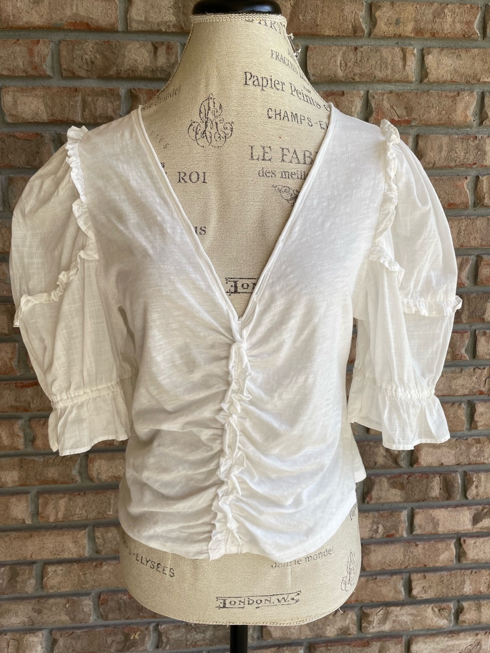 Anthropologie White Ruched V-Neck Puff Sleeve Top